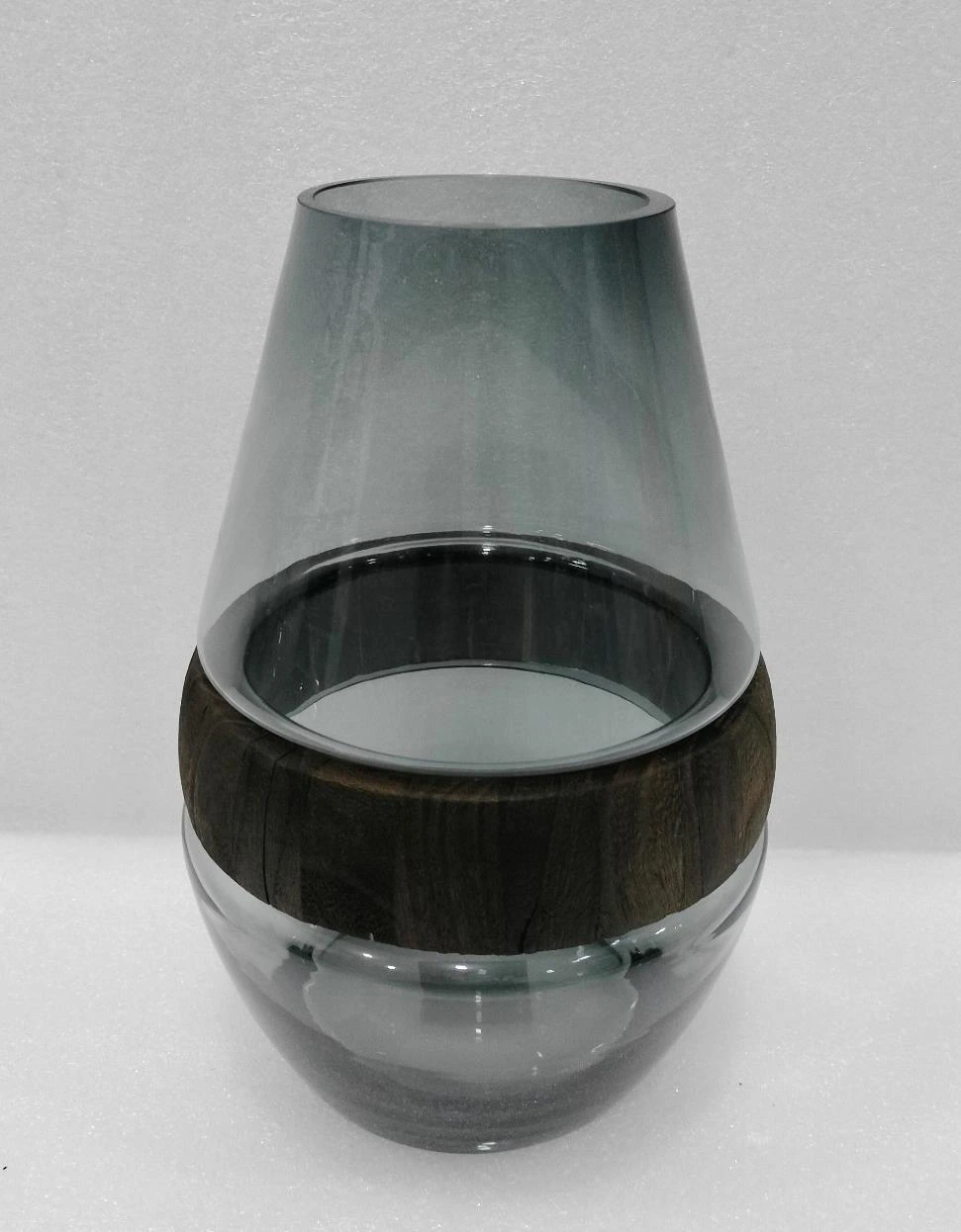 Glass vase with Wooden Taper Cylinder Center wooden ring 29x9x14cm